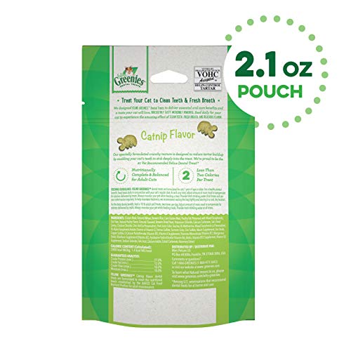 FELINE GREENIES Adult Natural Dental Care Cat Treats, Catnip Flavor, 2.1 oz. Pouch