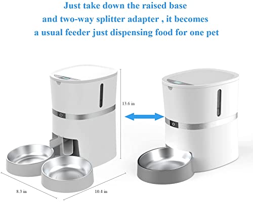 WellToBe Automatic Cat Feeder, Pet Feeder Food Dispenser for Cat & Small Dog with Two-Way Splitter and Double Bowls, up to 6 Meals with Portion Control, Voice Recorder - Battery and Plug-in Power