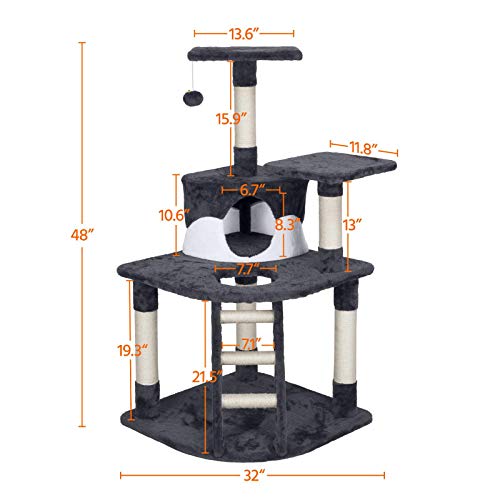 YAHEETECH 48in Cat Tree Tower with Spacious Condo, Cozy Platform and Replaceable Dangling Ball