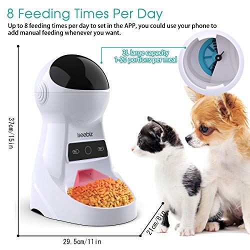 Iseebiz Smart Pet Feeder, Automatic Cat Dog Feeder, 3L WiFi App Control Food Dispenser, 8 Meals Per Day, Voice Record Remind, Portion Control, Timer Programmable, IR Detect, for Medium Small Cats Dogs