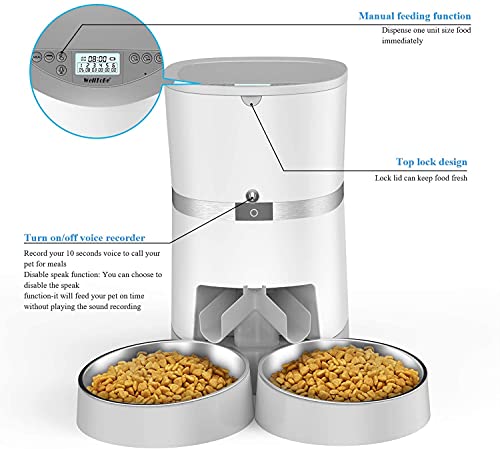WellToBe Automatic Cat Feeder, Pet Feeder Food Dispenser for Cat & Small Dog with Two-Way Splitter and Double Bowls, up to 6 Meals with Portion Control, Voice Recorder - Battery and Plug-in Power