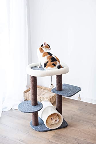 PetPals Cat Tree Cat Tower for Activity with Tunnel and Toy Ball, Gray, 17-inch L 13-inch W 29-in H