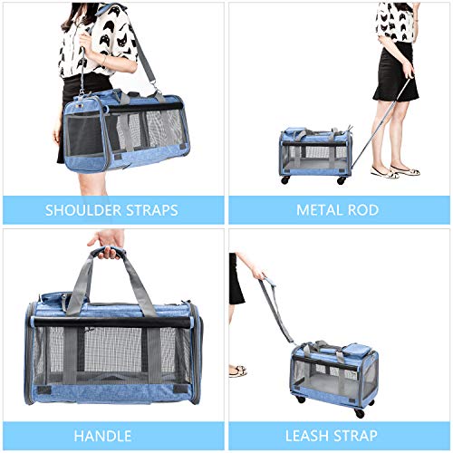 Bonnlo Cat Puppy Pet Wheels Rolling Carrier Stroller - 20"x12"x12" Soft Sided Pet Travel Carrier with BPA Free Travel Bowl, Removable Wheels & Durable Mesh Panels & Detachable Fleece Bed