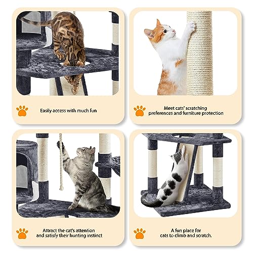 YAHEETECH 79in Multi-Level Cat Trees with Sisal-Covered Scratching Posts, Plush Perches and Condo for Kittens, Cats and Pets - Gray and White