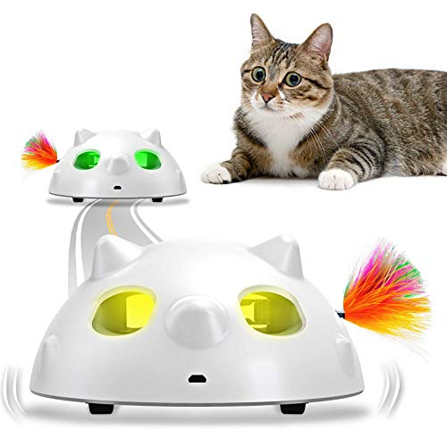 goopow Interactive Cat Toys, Automatic Irregular USB Charging Dog Kitten Pet Ambush Toys, Rotating Feather Ball Indoor Toy for Cat Kitten, Build-in LED Light, Automatic On/Off, Large Capacity Battery