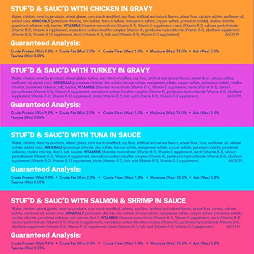 Purina Friskies Gravy Wet Cat Food Variety Pack, Stuf'd & Sauc'd with Chicken, Salmon & Shrimp, Tuna & Turkey - (32) 5.5 oz. Cans, New! Stuf'd & Sauc'd (050000505159)