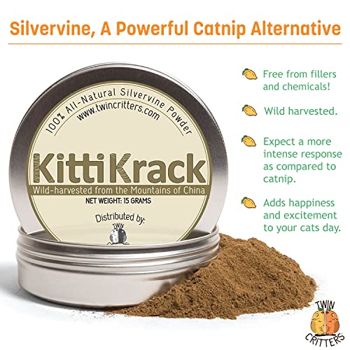 Twin Critters KittiKrack: Organic Silver Vine Catnip for Cats & Kittens 100%, All-Natural Silvervine Powder (15 Grams)| Wild Harvested with No Additives Or Preservatives