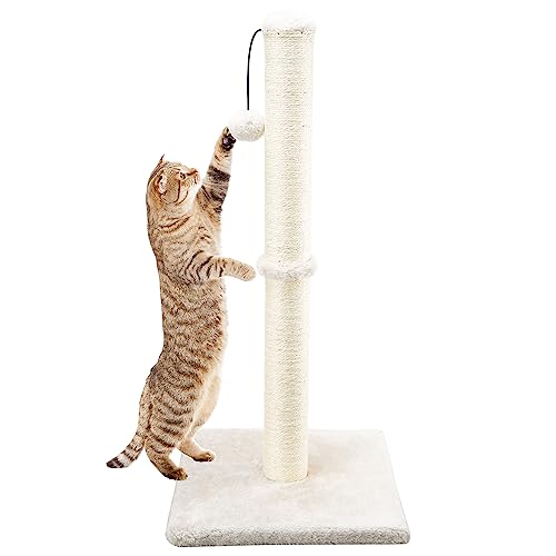 Dimaka 29" Height Tall Cat Scratching Post, Claw Scratcher with Sisal Rope and Covered with Soft Smooth Plush, Vertical Scratch [Full Strectch] for Standard Size Cats. (Beige)