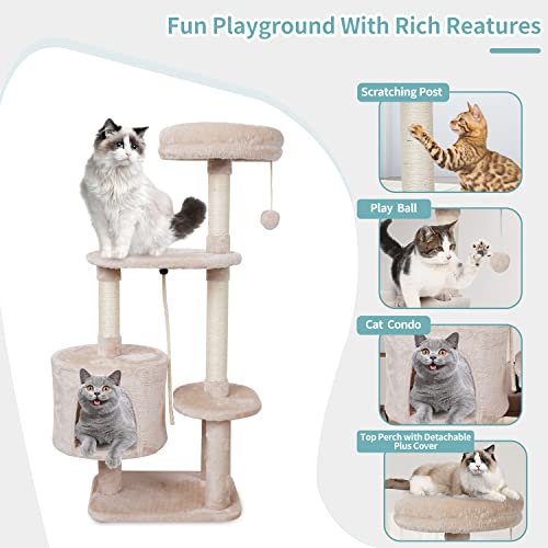 MIAO PAW 6BCat Tree Tower Condo Sisal Post Scratching Furniture Activity Center Play House Cat Bed Beige