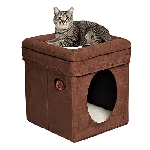MidWest 137-BR "The Original" Curious Cat Cube, Cat House / Cat Condo in Brown Faux Suede & Synthetic Sheepskin