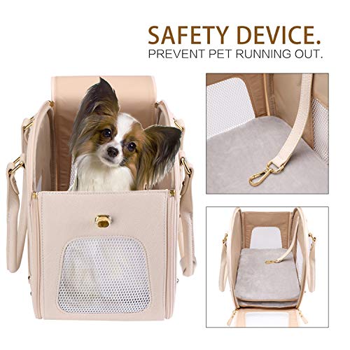 PetsHome Dog Carrier Purse, Pet Carrier, Cat Carrier, Foldable Waterproof Premium Leather Pet Travel Portable Bag Carrier for Cat and Small Dog Home & Outdoor Beige