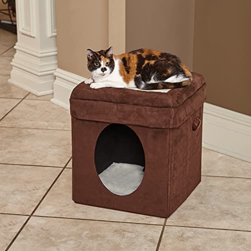 MidWest 137-BR "The Original" Curious Cat Cube, Cat House / Cat Condo in Brown Faux Suede & Synthetic Sheepskin