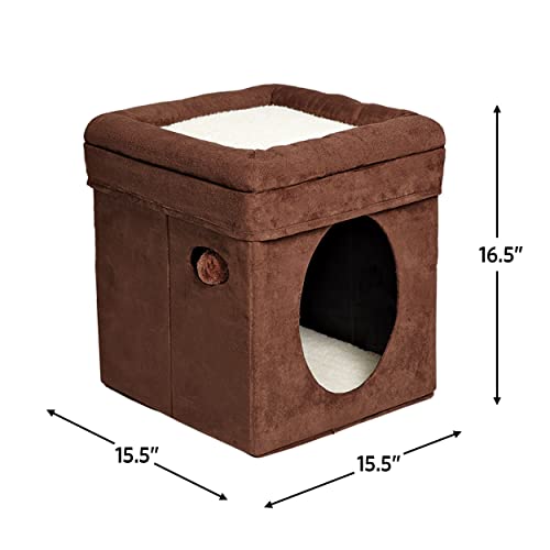 MidWest 137-BR "The Original" Curious Cat Cube, Cat House / Cat Condo in Brown Faux Suede & Synthetic Sheepskin
