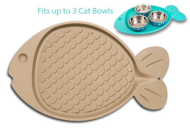 Loving Pets Bella Spill-Proof Fish-Shaped Mat for Cats,Tan
