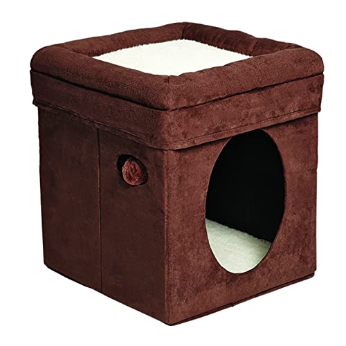 MidWest 137-BR "The Original" Curious Cat Cube, Cat House / Cat Condo in Brown Faux Suede & Synthetic Sheepskin