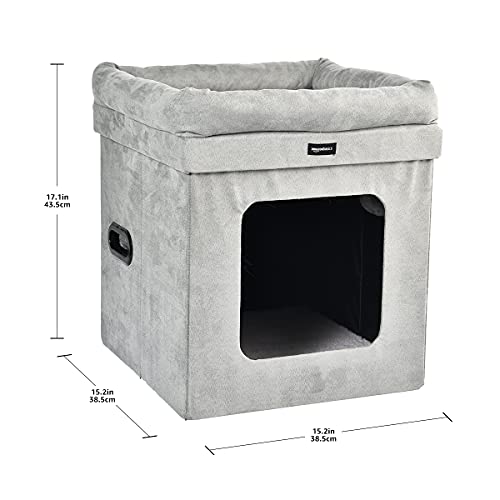 AmazonBasics Collapsible Cube Cat Bed, 15 x 15 x 17 Inches, Grey