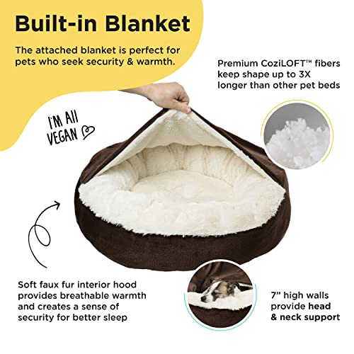Cozy Cuddler, Dark Chocolate  Dog and Cat Bed with Blanket for Warmth and Security - Offers Head, Neck and Joint Support - Machine Washable, Pets up to 25 lbs., Chocolate Ilan 24x24"
