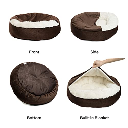 Cozy Cuddler, Dark Chocolate  Dog and Cat Bed with Blanket for Warmth and Security - Offers Head, Neck and Joint Support - Machine Washable, Pets up to 25 lbs., Chocolate Ilan 24x24"