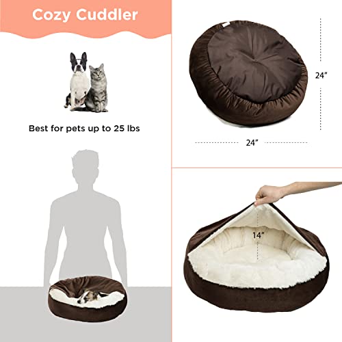Cozy Cuddler, Dark Chocolate  Dog and Cat Bed with Blanket for Warmth and Security - Offers Head, Neck and Joint Support - Machine Washable, Pets up to 25 lbs., Chocolate Ilan 24x24"
