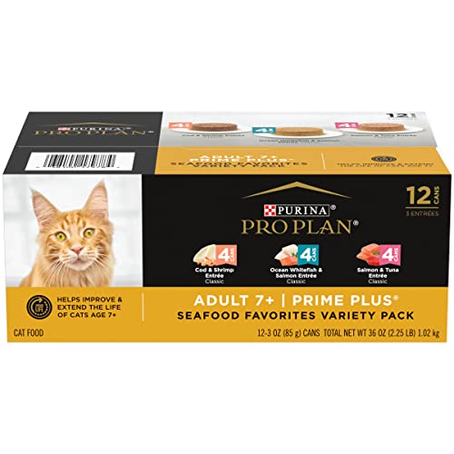 Purina Pro Plan Grain Free Senior Pate Wet Cat Food Variety Pack, PRIME PLUS Seafood Favorites - (2 Packs of 12) 3 oz. Cans