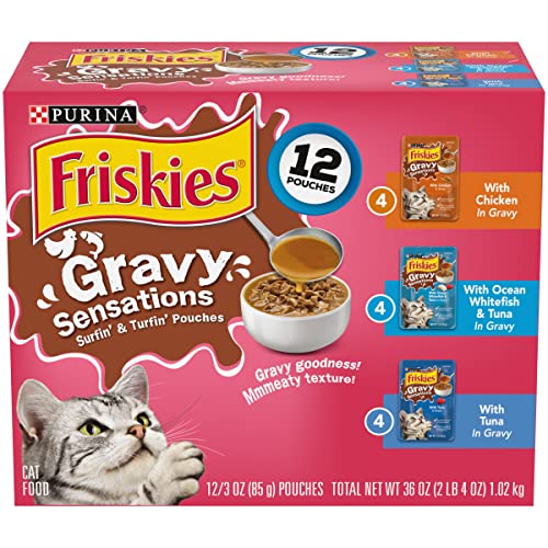 Purina Friskies Gravy Sensations Variety Packs Wet Cat Food, Surfin' & Turfin' Favorites, 36 Ounces, Pack of 12