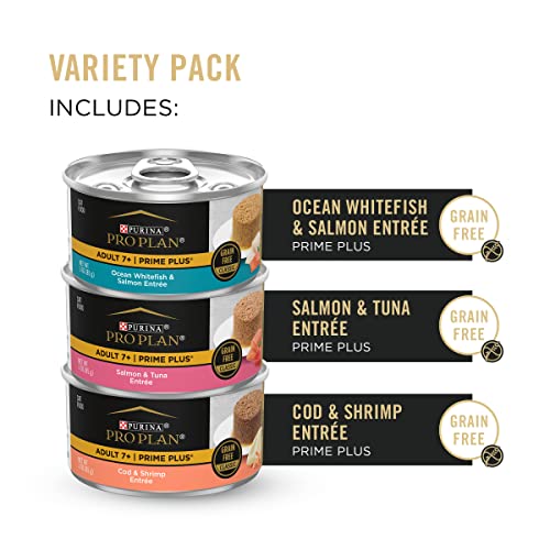 Purina Pro Plan Grain Free Senior Pate Wet Cat Food Variety Pack, PRIME PLUS Seafood Favorites - (2 Packs of 12) 3 oz. Cans