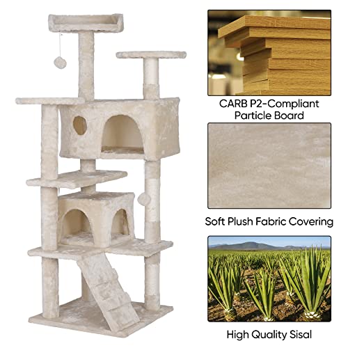 ZENY 53 Cat Tree with Sisal-Covered Scratching Posts and 2 Plush Rooms Cat Furniture for Kittens