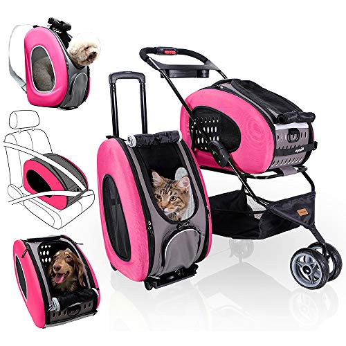 5 in 1 Pet Carrier + Backpack + CarSeat + Pet Carrier Stroller + Carriers with Wheels for Dogs and Cats All in ONE (Pink)