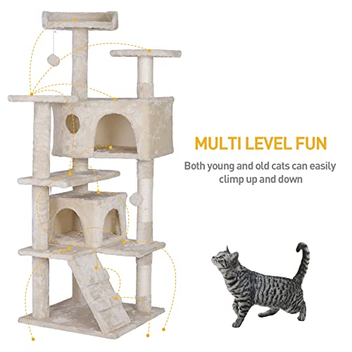 ZENY 53 Cat Tree with Sisal-Covered Scratching Posts and 2 Plush Rooms Cat Furniture for Kittens