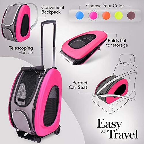 5 in 1 Pet Carrier + Backpack + CarSeat + Pet Carrier Stroller + Carriers with Wheels for Dogs and Cats All in ONE (Pink)