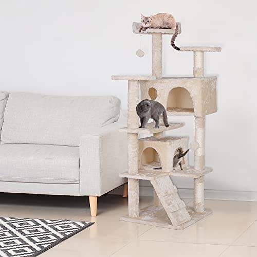 ZENY 53 Cat Tree with Sisal-Covered Scratching Posts and 2 Plush Rooms Cat Furniture for Kittens