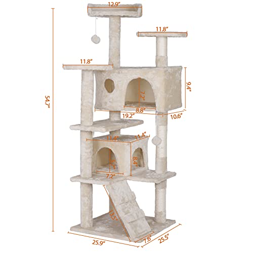 ZENY 53 Cat Tree with Sisal-Covered Scratching Posts and 2 Plush Rooms Cat Furniture for Kittens