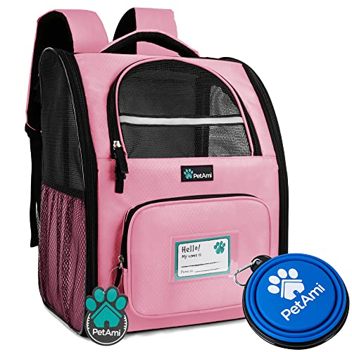 PetAmi Deluxe Pet Carrier Backpack for Small Cats and Dogs, Puppies | Ventilated Design, Two-Sided Entry, Safety Features and Cushion Back Support | for Travel, Hiking, Outdoor Use (Pink)
