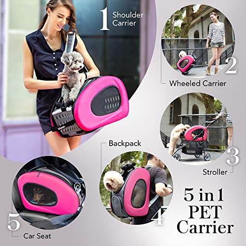 5 in 1 Pet Carrier + Backpack + CarSeat + Pet Carrier Stroller + Carriers with Wheels for Dogs and Cats All in ONE (Pink)