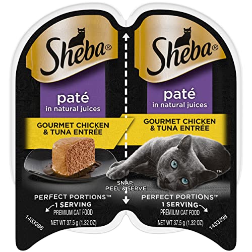 SHEBA PERFECT PORTIONS Soft Wet Cat Food Paté in Natural Juices Gourmet Chicken & Tuna Entrée, (24) 2.6 oz. Easy Peel Twin-Pack Trays