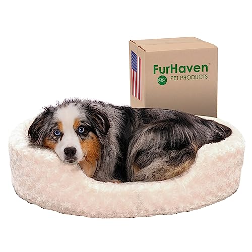 Furhaven Pet Dog Bed | Round Oval Cuddler Ultra Plush Faux Fur Nest Lounger Pet Bed for Dogs & Cats, Cream, Large