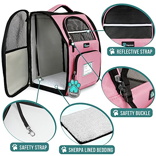 PetAmi Deluxe Pet Carrier Backpack for Small Cats and Dogs, Puppies | Ventilated Design, Two-Sided Entry, Safety Features and Cushion Back Support | for Travel, Hiking, Outdoor Use (Pink)