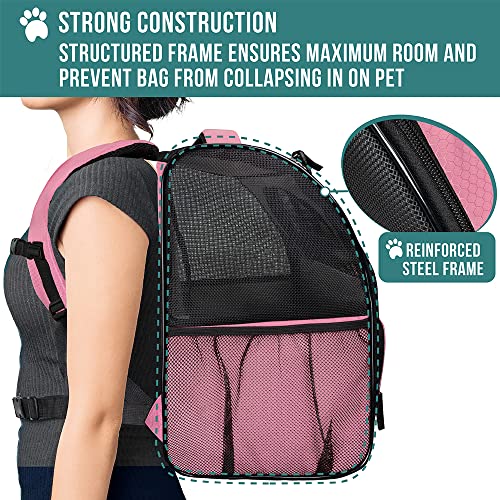 PetAmi Deluxe Pet Carrier Backpack for Small Cats and Dogs, Puppies | Ventilated Design, Two-Sided Entry, Safety Features and Cushion Back Support | for Travel, Hiking, Outdoor Use (Pink)