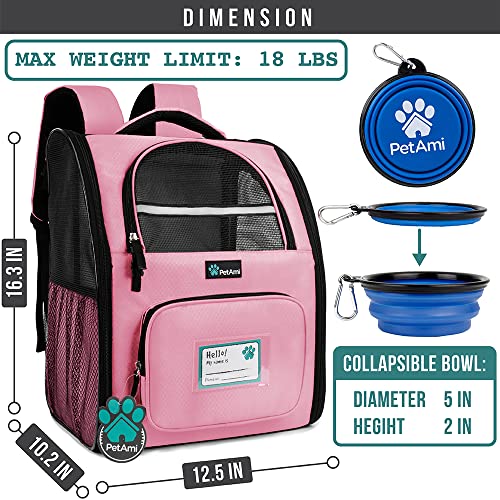 PetAmi Deluxe Pet Carrier Backpack for Small Cats and Dogs, Puppies | Ventilated Design, Two-Sided Entry, Safety Features and Cushion Back Support | for Travel, Hiking, Outdoor Use (Pink)