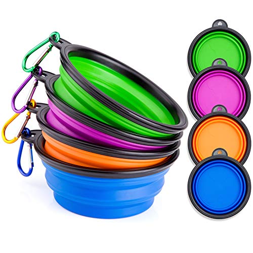 IDEGG Portable Silicone Pet Bowl, 5 Inches, Foldable Expandable Water Feeding Travel Bowl Cup Dish for Pet Dog Cat and Small Animals (Set of 4, Purple+Green+Blue+Orange)
