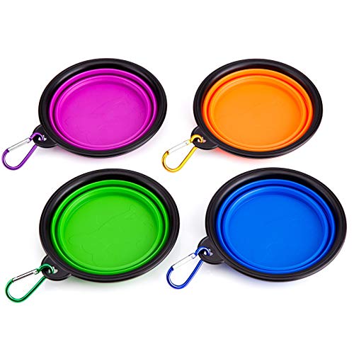 IDEGG Portable Silicone Pet Bowl, 5 Inches, Foldable Expandable Water Feeding Travel Bowl Cup Dish for Pet Dog Cat and Small Animals (Set of 4, Purple+Green+Blue+Orange)