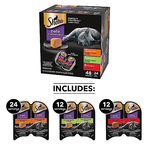 SHEBA PERFECT PORTIONS Soft Wet Cat Food Paté in Natural Juices Savory Chicken, Roasted Turkey, & Tender Beef Entrées Variety Pack, (24) 2.6 oz. Easy Peel Twin-Pack Trays