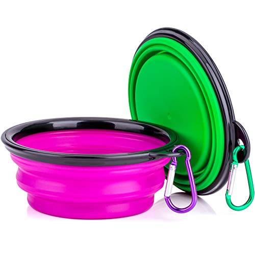 Collapsible Silicone Pet Bowl,set of 2, IDEGG Food Grade Silicone BPA Free, Foldable Expandable Cup Dish for Pet Dog/Cat Food Water Feeding Portable Travel camping Bowl (Set of 2, Purple+Green)