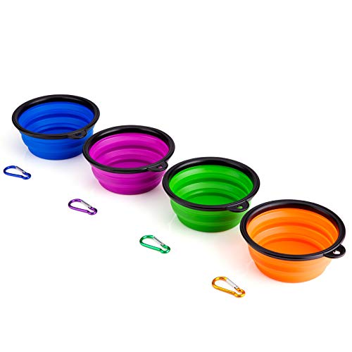 IDEGG Portable Silicone Pet Bowl, 5 Inches, Foldable Expandable Water Feeding Travel Bowl Cup Dish for Pet Dog Cat and Small Animals (Set of 4, Purple+Green+Blue+Orange)