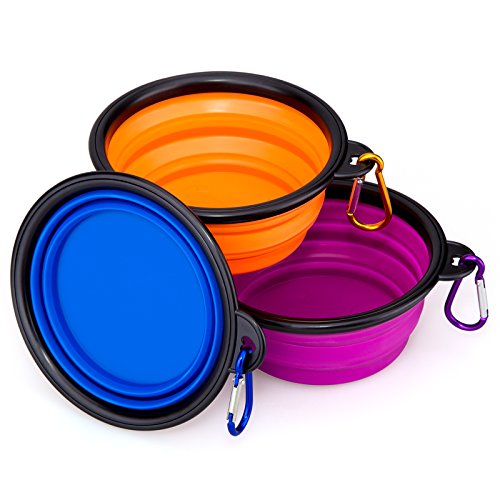 IDEGG Portable Silicone Pet Bowl, 5 Inches, Foldable Expandable Water Feeding Travel Bowl Cup Dish for Pet Dog Cat and Small Animals (Set of 3, Blue+Orange+Purple)