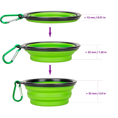 Collapsible Silicone Pet Bowl,set of 2, IDEGG Food Grade Silicone BPA Free, Foldable Expandable Cup Dish for Pet Dog/Cat Food Water Feeding Portable Travel camping Bowl (Set of 2, Purple+Green)