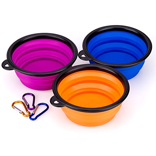 IDEGG Portable Silicone Pet Bowl, 5 Inches, Foldable Expandable Water Feeding Travel Bowl Cup Dish for Pet Dog Cat and Small Animals (Set of 3, Blue+Orange+Purple)