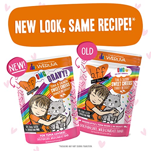 B.F.F. Omg - Best Feline Friend Oh My Gravy!, Tuna & Salmon Sweet Cheeks With Tuna & Salmon In Gravy Cat Food By Weruva, 3Oz Pouch (Pack Of 12)