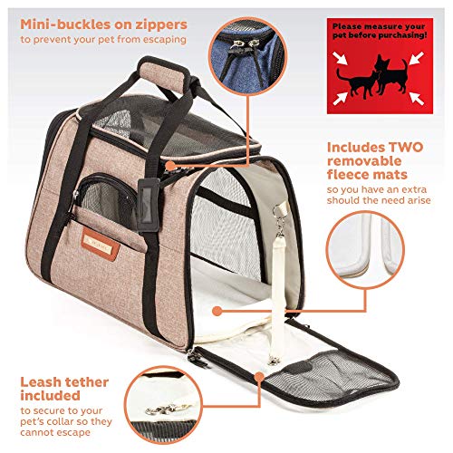 Pawfect Pets Pet Travel Carrier, Soft-Sided with Two Pet Mats for Small Dogs and Cats (Khaki)