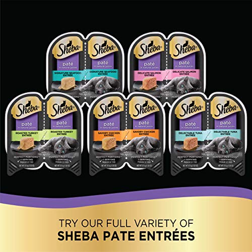SHEBA PERFECT PORTIONS Soft Wet Cat Food Paté in Natural Juices Savory Chicken, Roasted Turkey, & Tender Beef Entrées Variety Pack, (24) 2.6 oz. Easy Peel Twin-Pack Trays